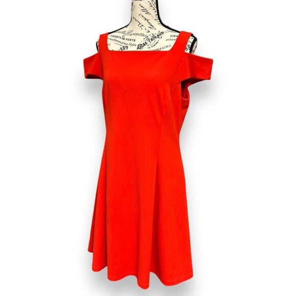 Vince Camuto 14 Red Crepe Midi Dress Cold Shoulder Lined Elegant Cocktail - Picture 5 of 7